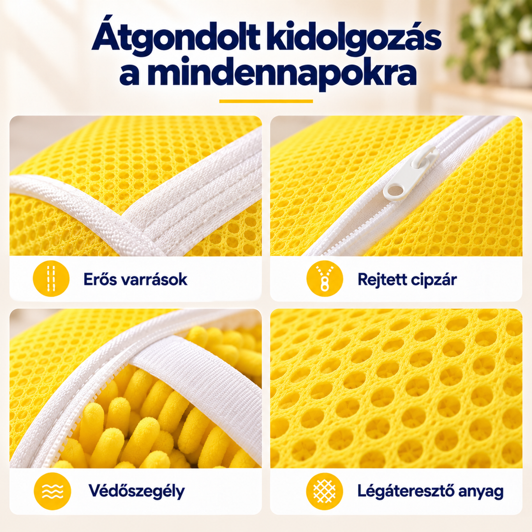 Négy közeli kép a zsák varrásáról, rejtett cipzárjáról, védőpántjáról és lyukacsos hálós anyagáról 7