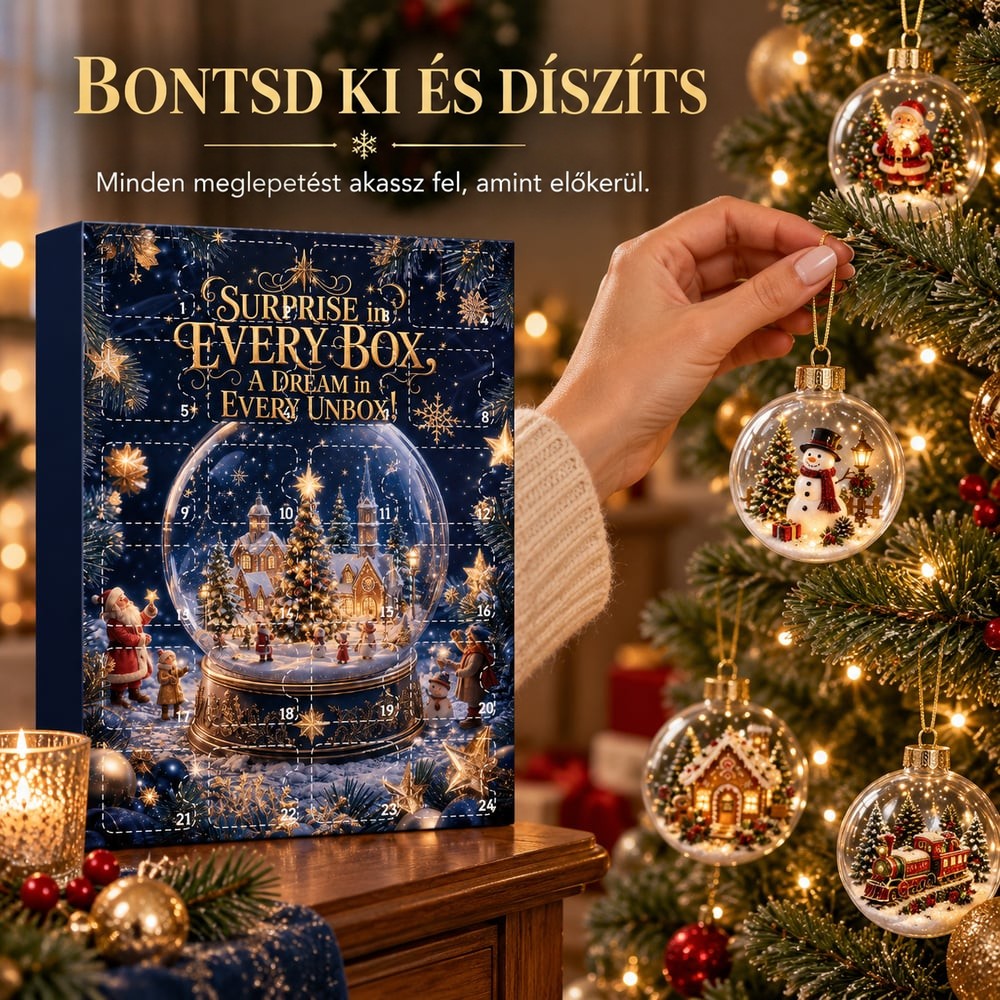 Egy kéz hóemberes gömbdíszt akaszt a karácsonyfára, balra az adventi naptár doboza áll 9