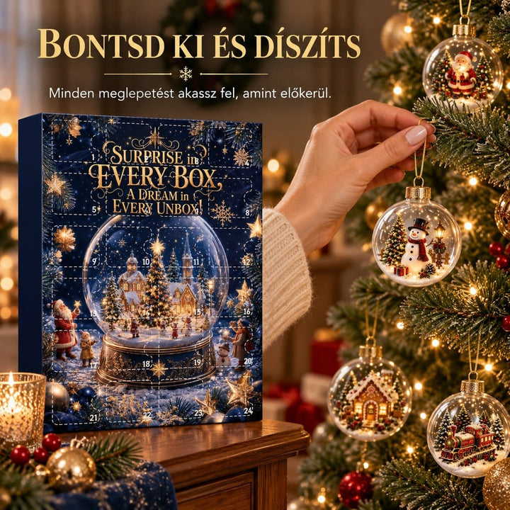 Egy kéz hóemberes gömbdíszt akaszt a karácsonyfára, balra az adventi naptár doboza áll 9