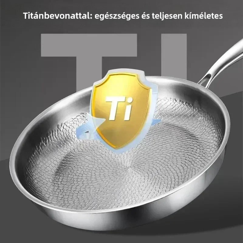 A serpenyő belseje sötét háttér előtt, rajta sárga pajzs ikon, amely a titánréteget jelképezi. 6