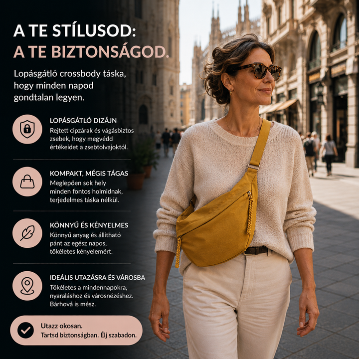 Mosolygó nő sétál a belvárosban, a sárga táskát átlósan, a mellkasán viseli, mellette ikonos, szöveges előnyök felsorolása. 2