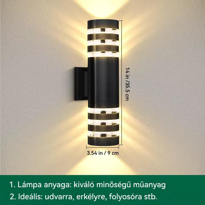 Háromgyűrűs hengeres lámpa méretekkel jelölve, magassága és átmérője feltüntetve, felhasználási helyek felsorolásával 15