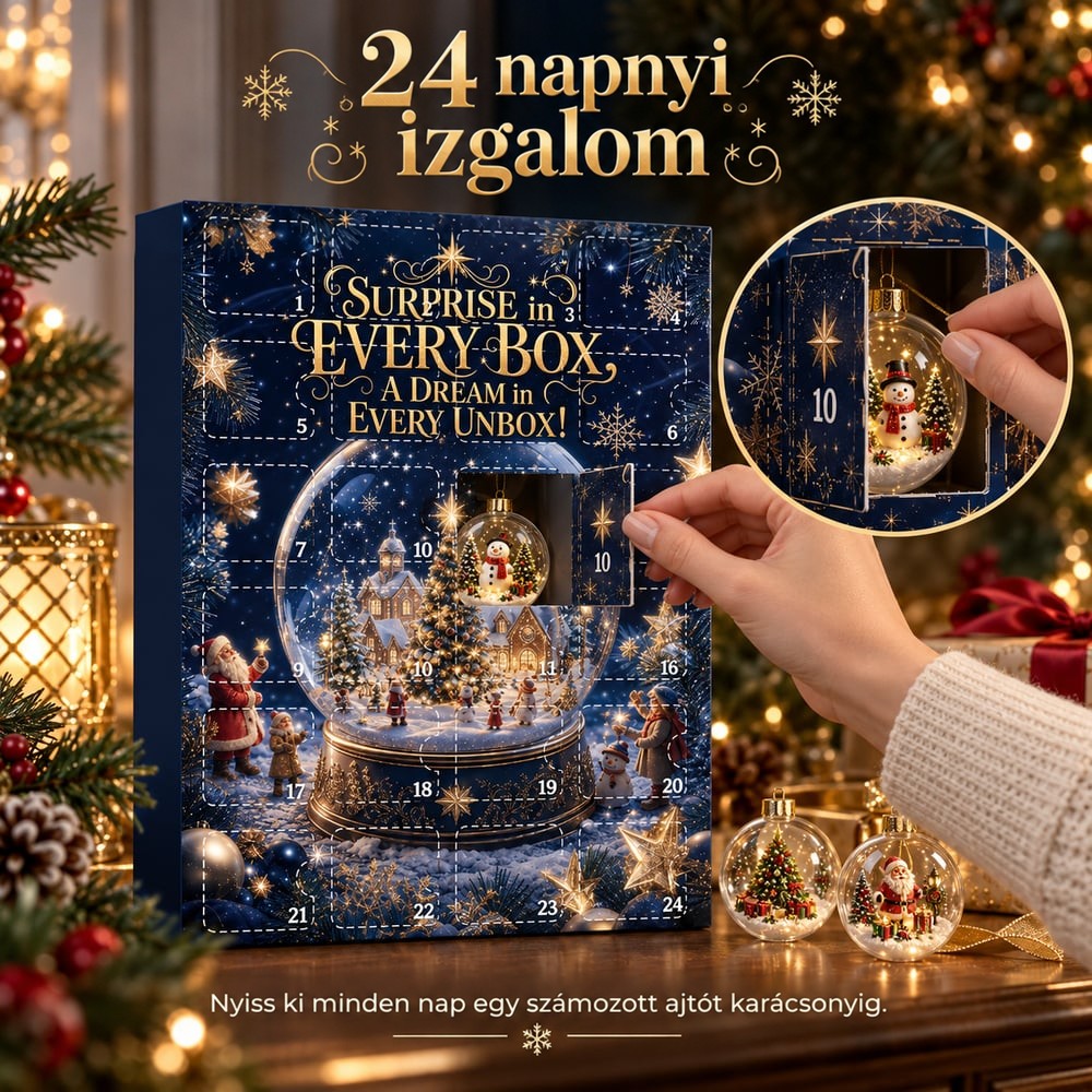 Egy kéz kinyitja a 10-es ajtót, a kiemelt kör hóemberes gömbdíszt mutat, előtte két másik dísz 10