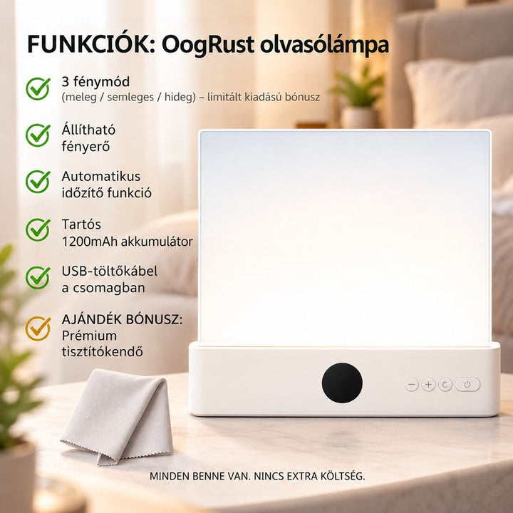 Fehér, álló lámpa gombokkal az asztalon, mellette szürke tisztítókendő és a jellemzők felsorolása 6