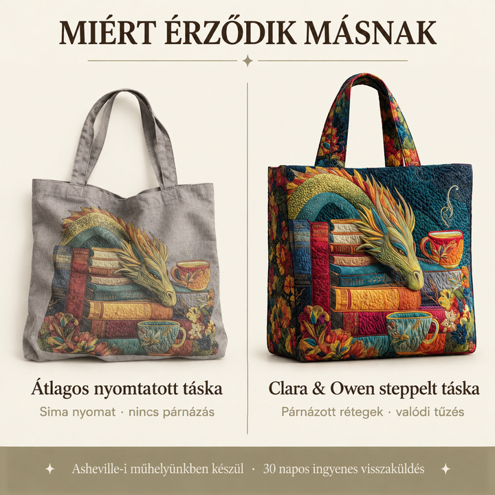 Összehasonlító kép: balra egy lapos nyomott mintájú szürke vászontáska, jobbra a vastagabb, bélelt, steppelt táska ugyanazzal a sárkányos mintával. 4
