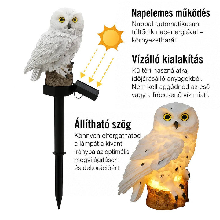 Fehér bagolylámpa földbe szúrható szárral és dönthető napelemes panellel, mellette a megvilágított bagoly közeli képe. 3