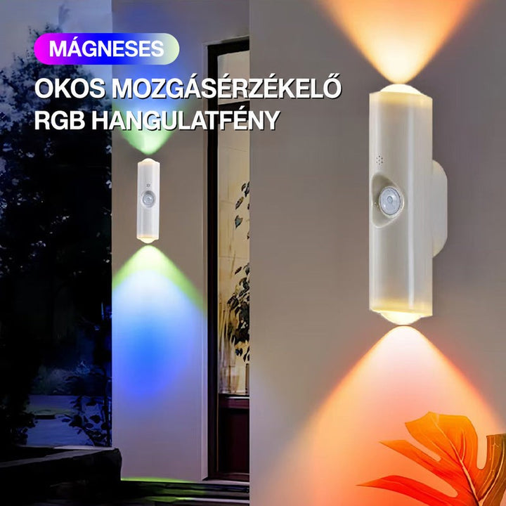 Fehér falilámpa színes fénykúpokat vet a falra, mellette közeli kép a mozgásérzékelőről 7