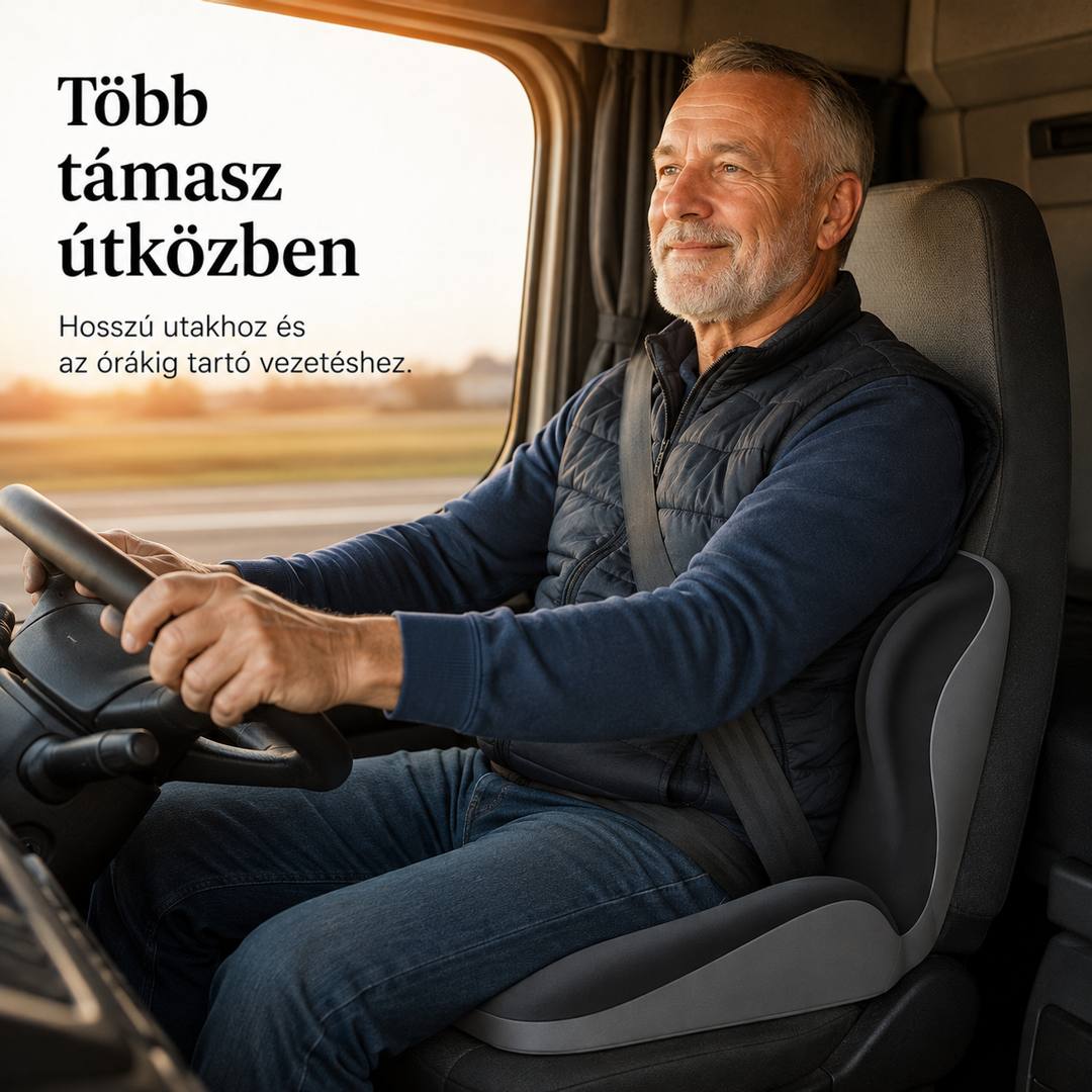 Középkorú férfi teherautó vezetőülésén vezet, a párna a hátát támasztja 5