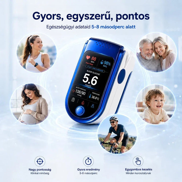 A monitor középen, körülötte kör alakú képeken sportoló nő, idős pár, terhes nő, kisgyerek és kerékpáros. 9