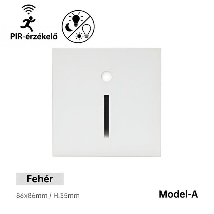 Fehér, négyzet alakú A modell elölnézetből, szenzorponttal és keskeny függőleges fényréssel 9