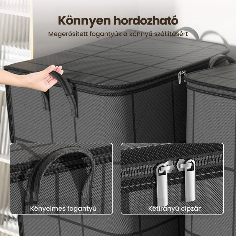 Egy kéz a zsák erősített fogantyúját fogja, alul két közeli kép: a fogantyú és a kétirányú cipzár fémfülei. 8