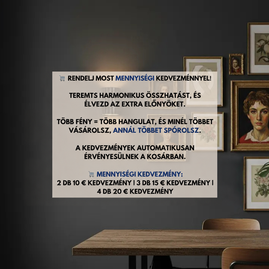 Sötét falon világító bordázott fali lámpa, előtte fa étkezőasztal, a falon keretezett portrék és virágképek 2