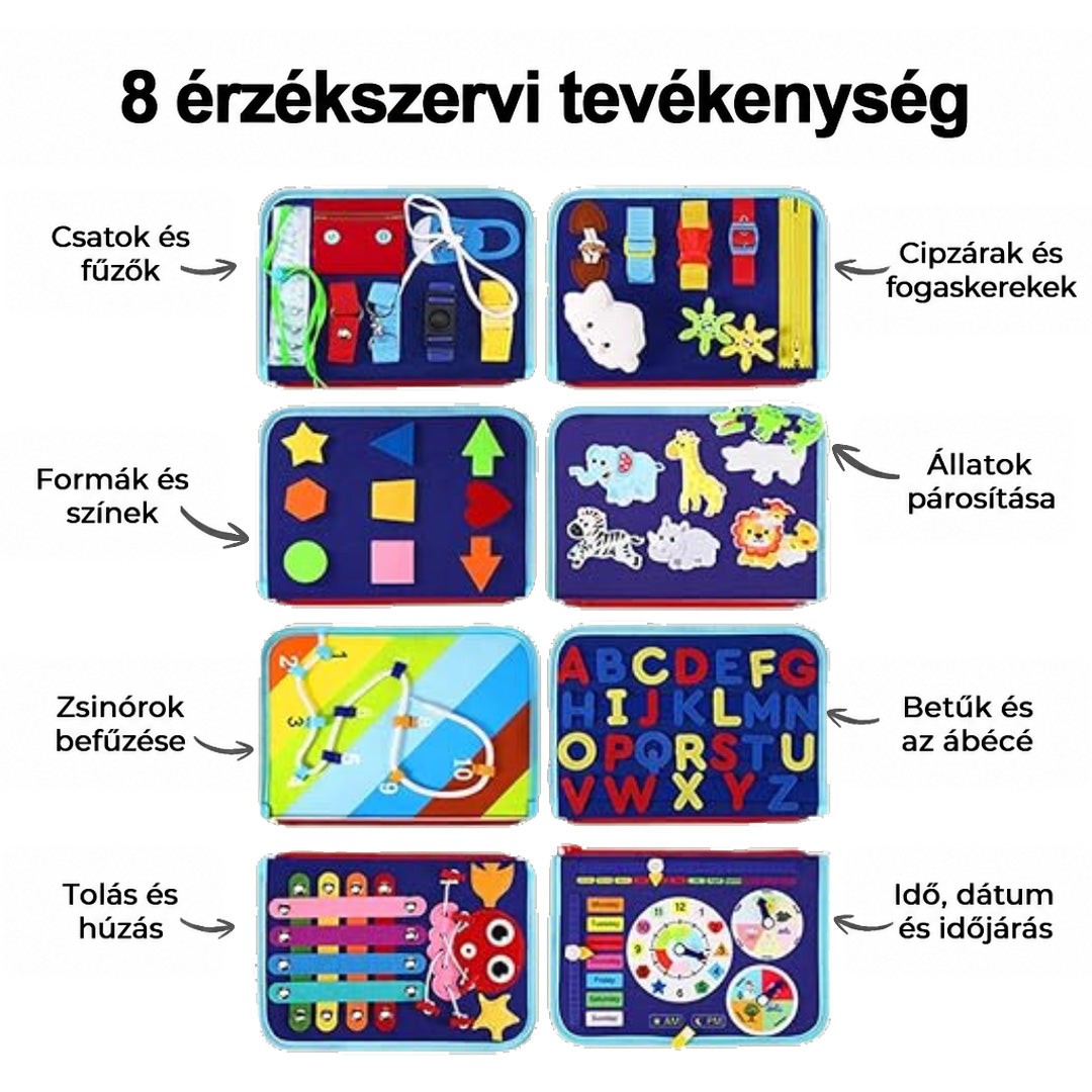 Összeállítás a kék könyv nyolc oldaláról: csatok, cipzárak, formák, állatok, betűk, óra és más tevékenységek 6
