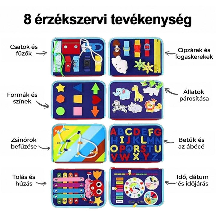 Összeállítás a kék könyv nyolc oldaláról: csatok, cipzárak, formák, állatok, betűk, óra és más tevékenységek 6