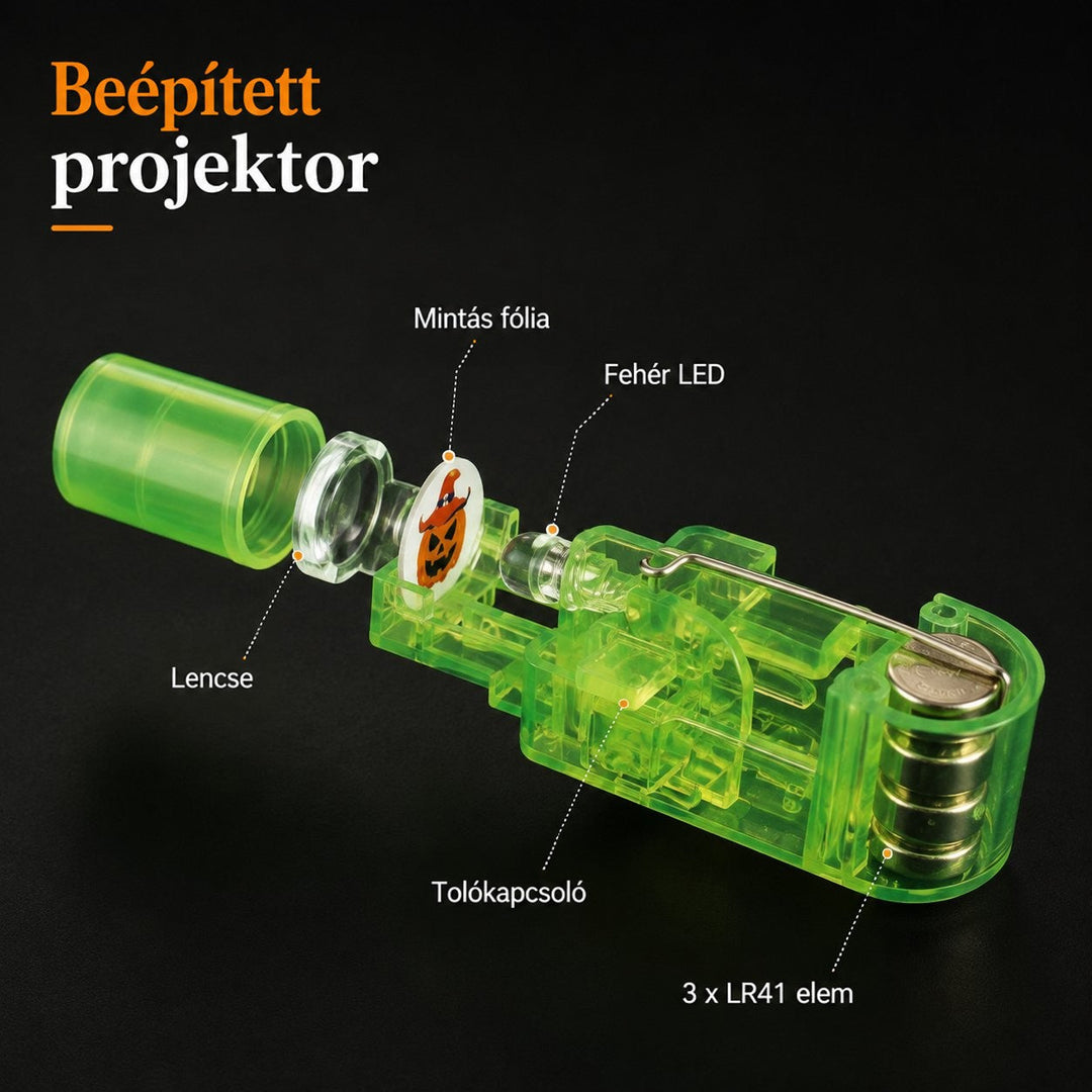 Szétszedett zöld áttetsző vetítős ujjlámpa: lencse, tökmintás fólia, LED, csúszókapcsoló és gombelemek, feliratokkal 8