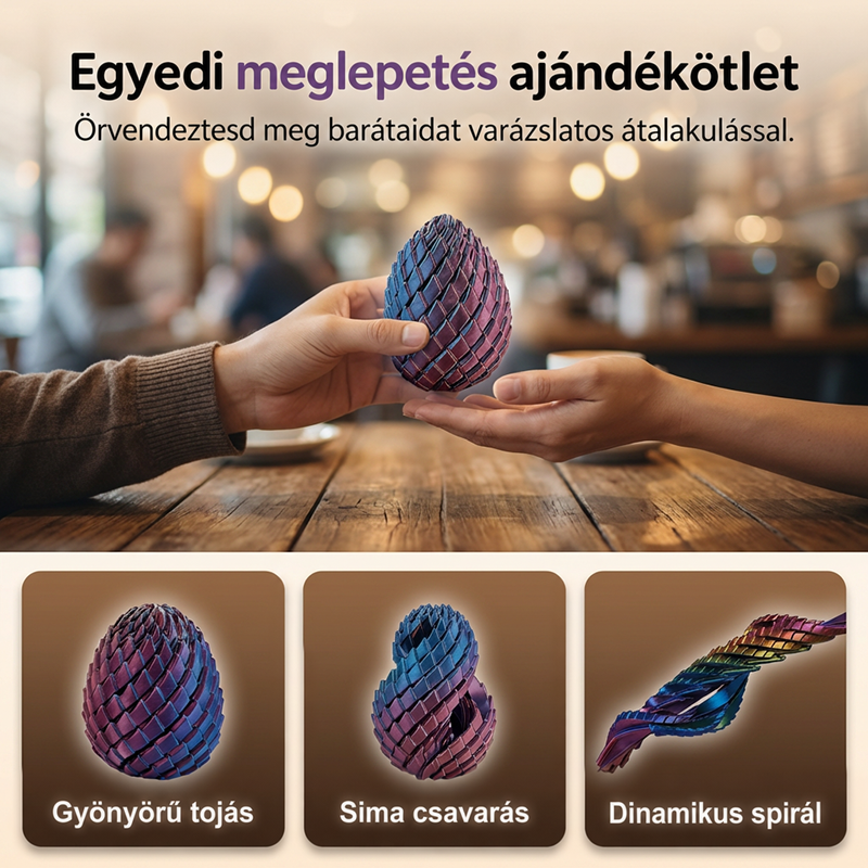 Két kéz ajándékként átad egy kék-lila sárkánytojást egy kávézóban, alatta három kis kép: tojás, csavart forma és spirál. 7