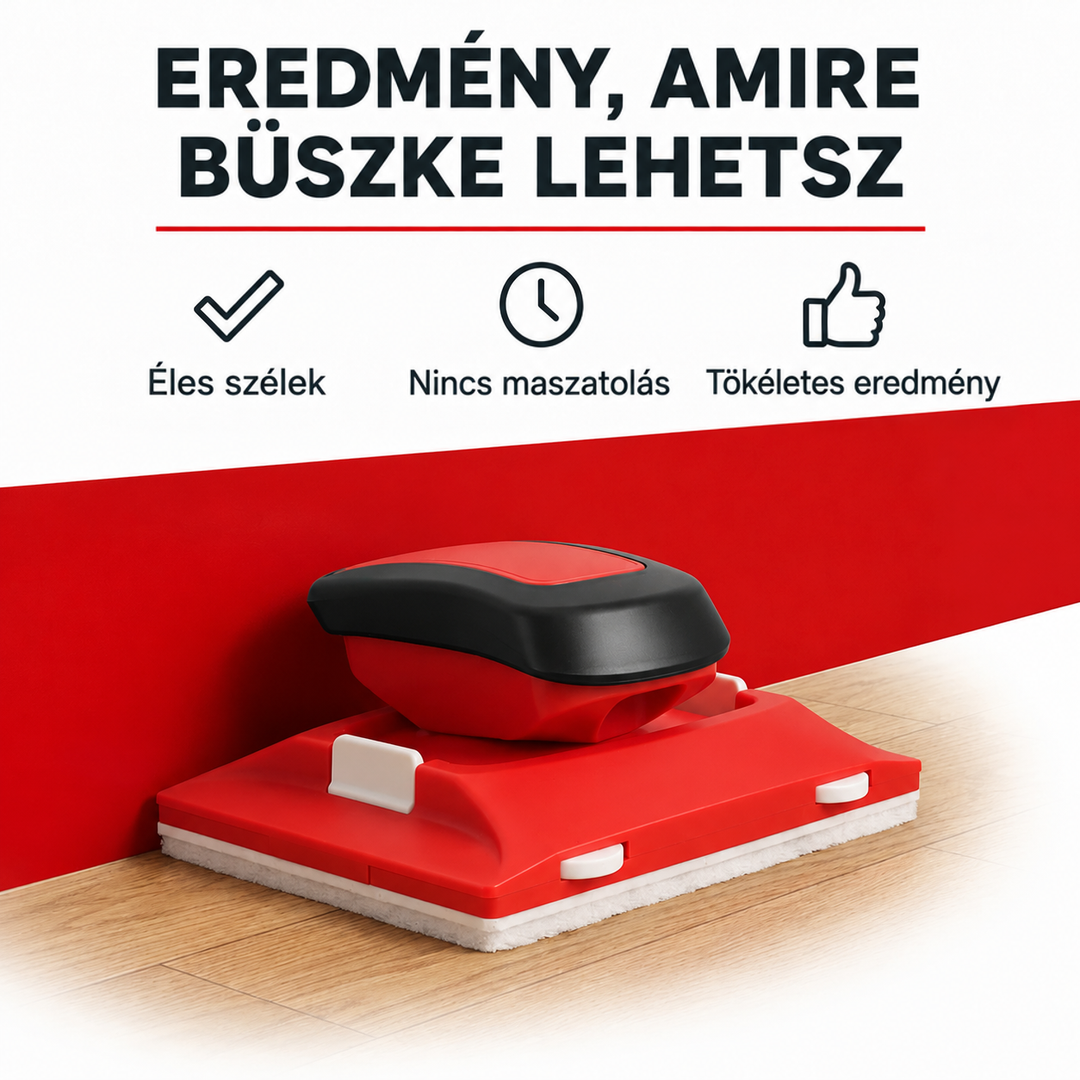 A piros szegélyező eszköz a fal és a parketta találkozásánál áll, éles festési határvonal mellett 2