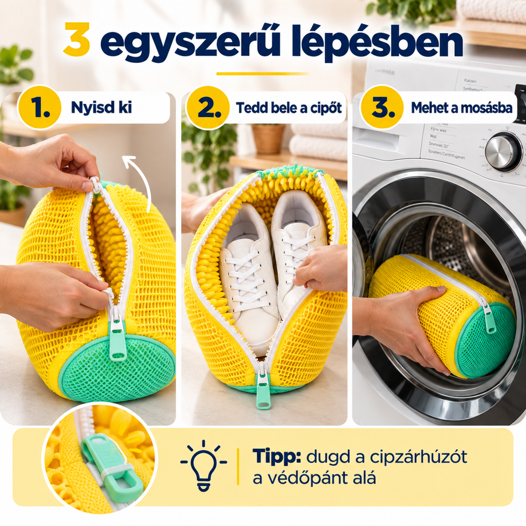Háromlépéses használat: cipzár kinyitása, cipők behelyezése, majd a zsák betétele a mosógépbe 6