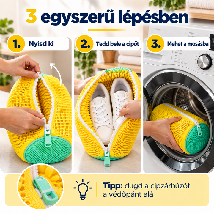 Háromlépéses használat: cipzár kinyitása, cipők behelyezése, majd a zsák betétele a mosógépbe 6