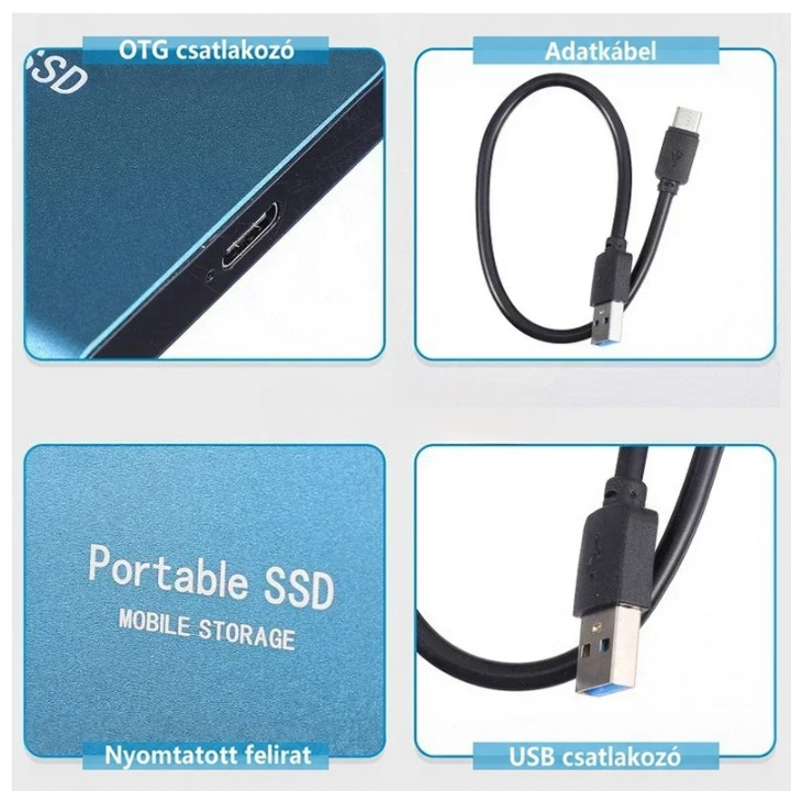 Négyes részletkép: az SSD csatlakozónyílása, az adatkábel, a kék ház nyomtatott felirata és a kábel USB-dugója közelről. 5