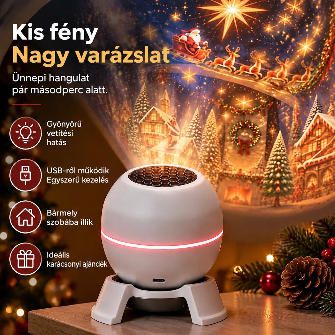 Közeli kép a lámpás fényű gömbprojektorról a talpán, mögötte a kivetített Mikulás szánon, tobozzal díszítve 3