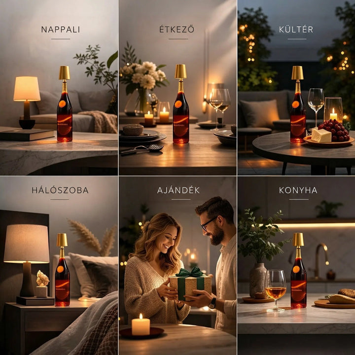 Hat jelenetes montázs: a lámpa nappaliban, étkezőben, teraszon, hálószobában, ajándékozás közben és konyhában 5