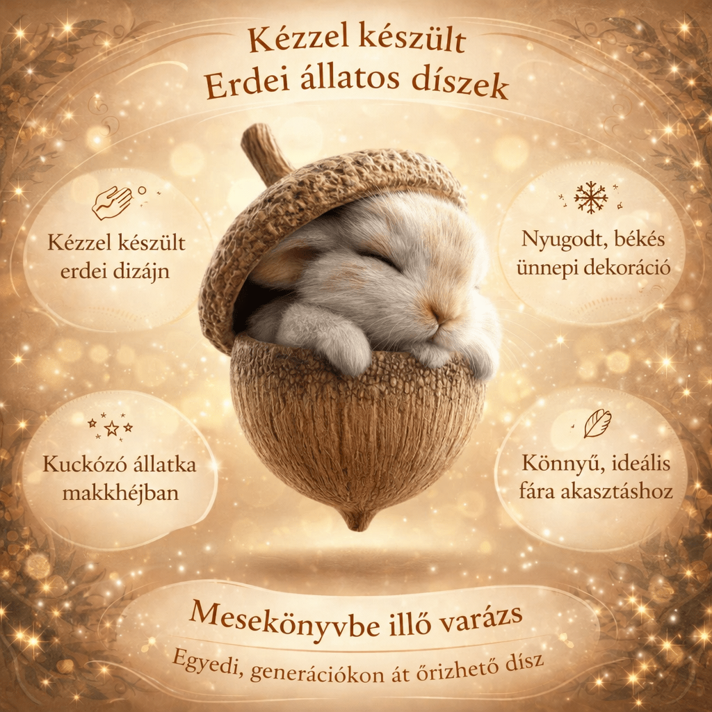 Ismertető grafika a makkban alvó nyuszis díszről, szövegbuborékokkal és csillogó díszített kerettel 7