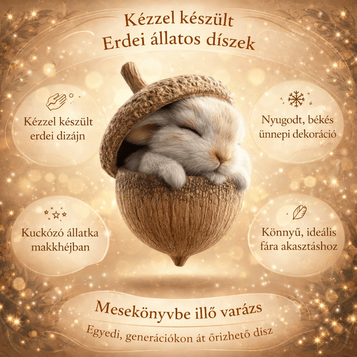 Ismertető grafika a makkban alvó nyuszis díszről, szövegbuborékokkal és csillogó díszített kerettel 7
