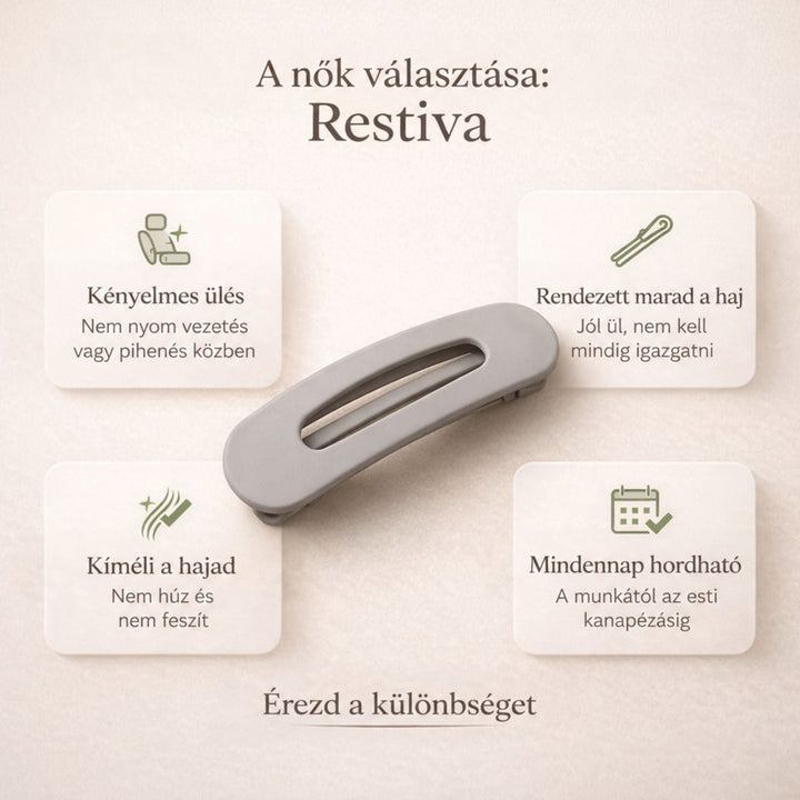 Szürke lapos hajcsat négy ikonos előnykártya között, krémszínű, tájékoztató grafikán 3