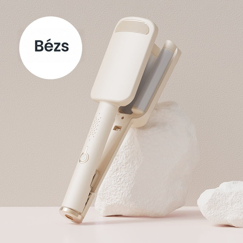Bézs színű hullámosító vasaló fehér sziklának támasztva, bézs háttér előtt 10