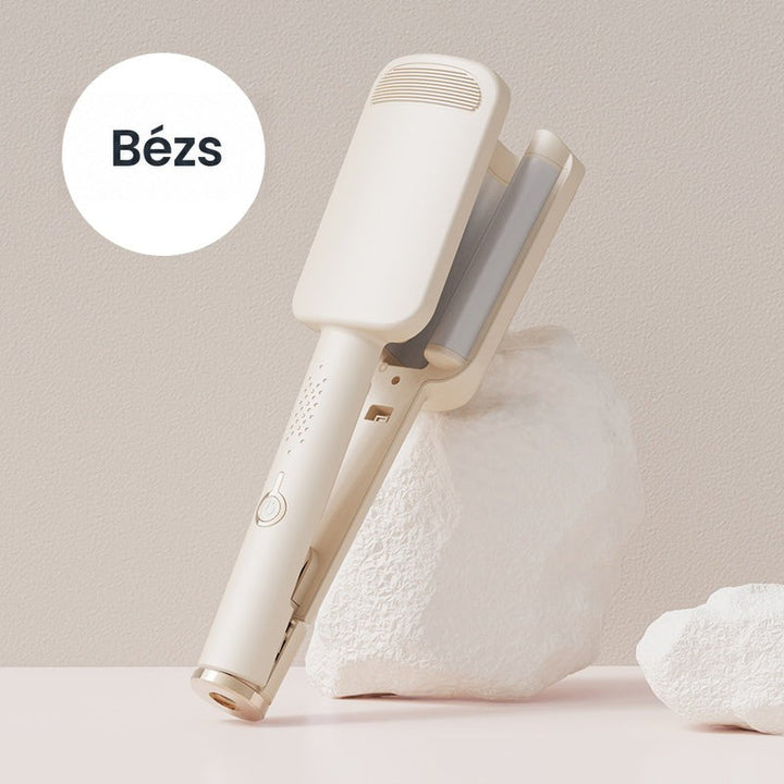 Bézs színű hullámosító vasaló fehér sziklának támasztva, bézs háttér előtt 10