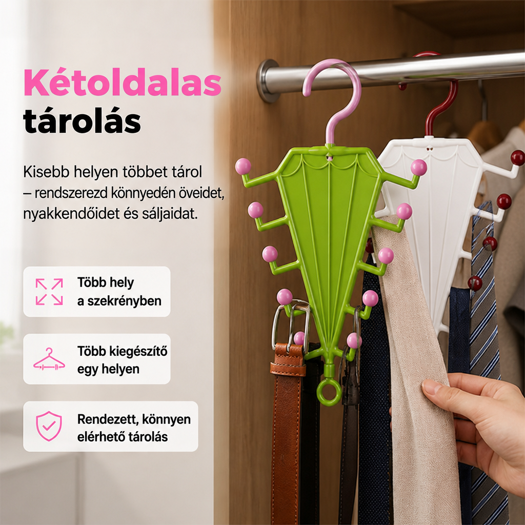 Zöld és fehér esernyő alakú akasztók gardróbrúdon, övekkel, nyakkendőkkel és sállal, kéz nyúl az egyikért 1
