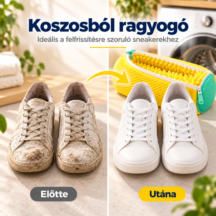 Előtte-utána kép: koszos sportcipő balra, tiszta fehér cipő és sárga zsák jobbra 5