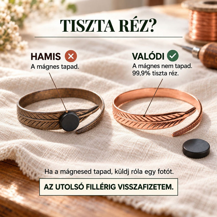 Két toll mintás karkötő összehasonlítása mágnessel: a ragadós hamis, a nem ragadó valódi réz 3