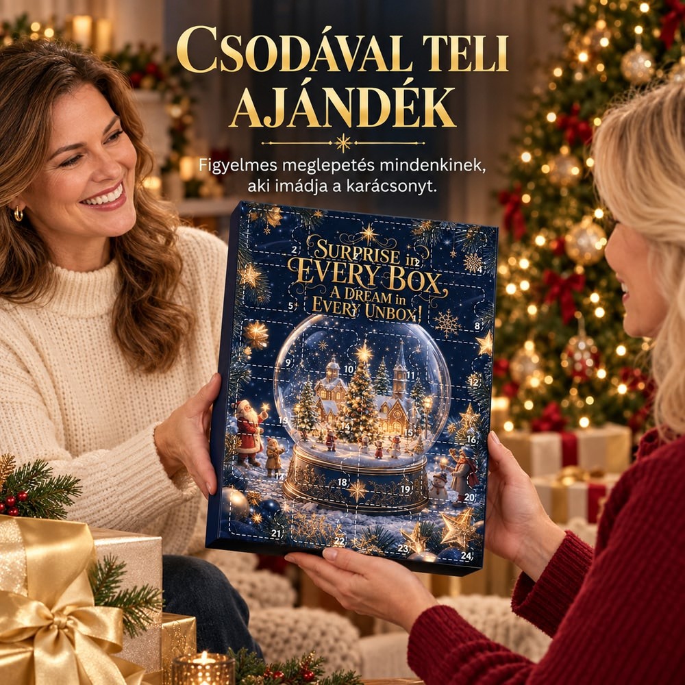 Két nő ajándékba adja egymásnak az adventi naptárt a feldíszített karácsonyfa és csomagok előtt 7
