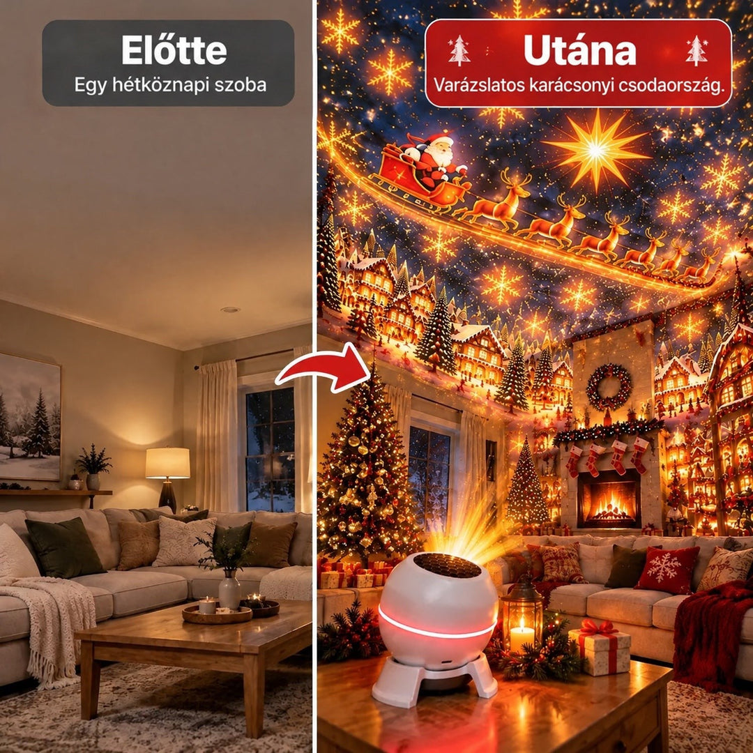 Előtte-utána összehasonlítás: ugyanaz a nappali sima, majd a projektor fényeitől ünnepi díszbe öltözve 2