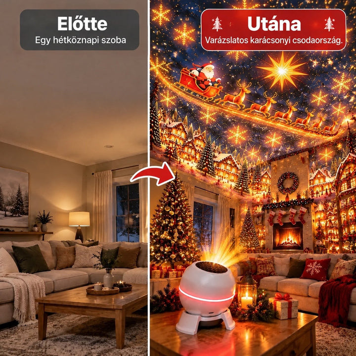 Előtte-utána összehasonlítás: ugyanaz a nappali sima, majd a projektor fényeitől ünnepi díszbe öltözve 2