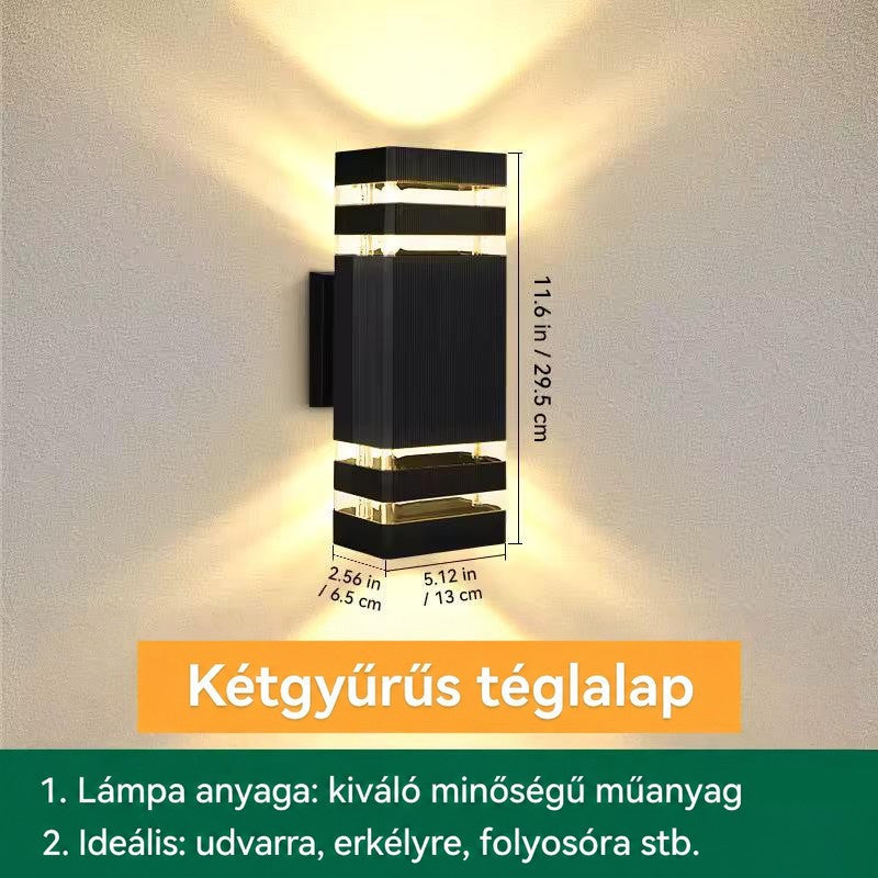 Kétgyűrűs négyszögletes lámpa méretekkel jelölve, szélessége, mélysége és magassága feltüntetve 17