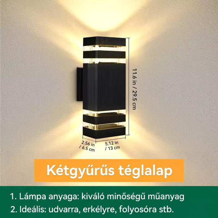 Kétgyűrűs négyszögletes lámpa méretekkel jelölve, szélessége, mélysége és magassága feltüntetve 17