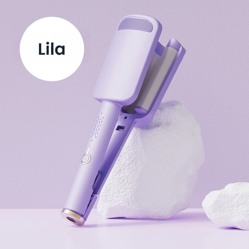 Lila hullámosító vasaló fehér sziklának támasztva, lila háttér előtt 5