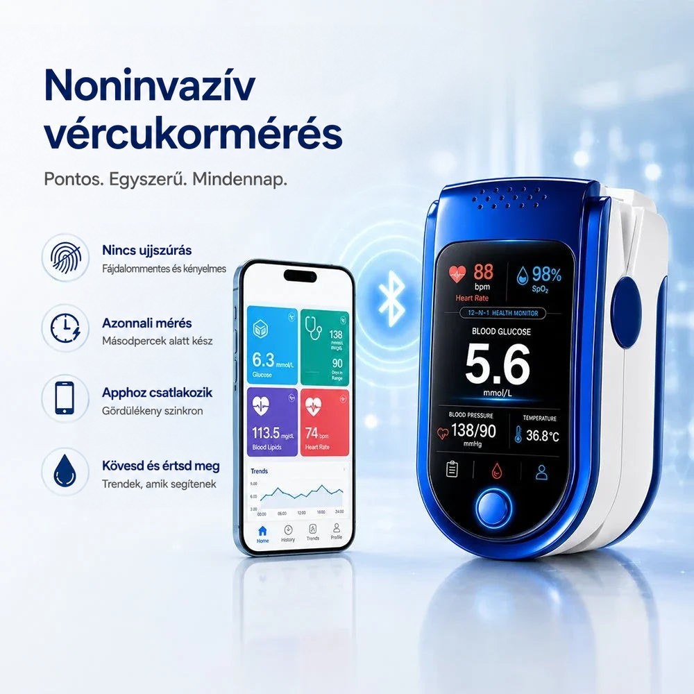 A monitor mellett okostelefon, amelynek alkalmazásában mérési értékek és grafikon látszik, köztük Bluetooth-jel. 10
