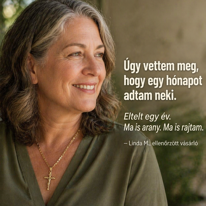 Mosolygó, ősz hajú nő zöld blúzban, nyakában arany feszület nyaklánccal, oldalra néz 7