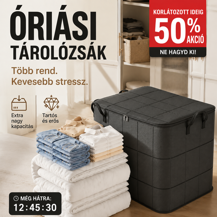 Nagy, sötét tárolózsák zárt tetővel, előtte összehajtott farmerek, ingek és fehér paplanok halmozva egy világos gardróbszoba előtt. 4
