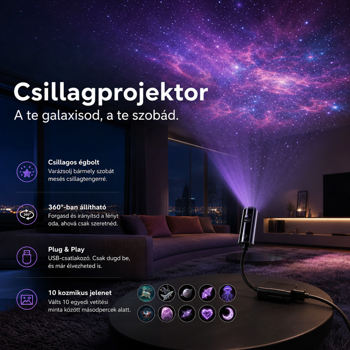 Hajlítható nyakú projektor kerek asztalon, a tágas nappali mennyezetén lila ködös csillagos égbolt, alatta tíz dia 5