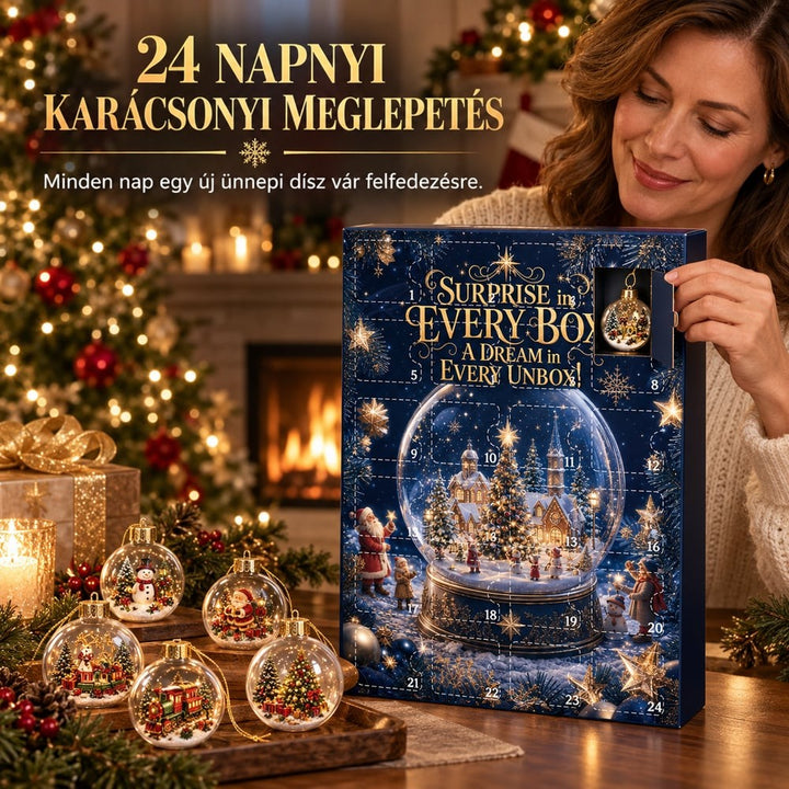 Mosolygó nő kinyit egy ajtót az adventi naptáron, előtte gömbdíszek egy fa tálcán, háttérben kandalló 2
