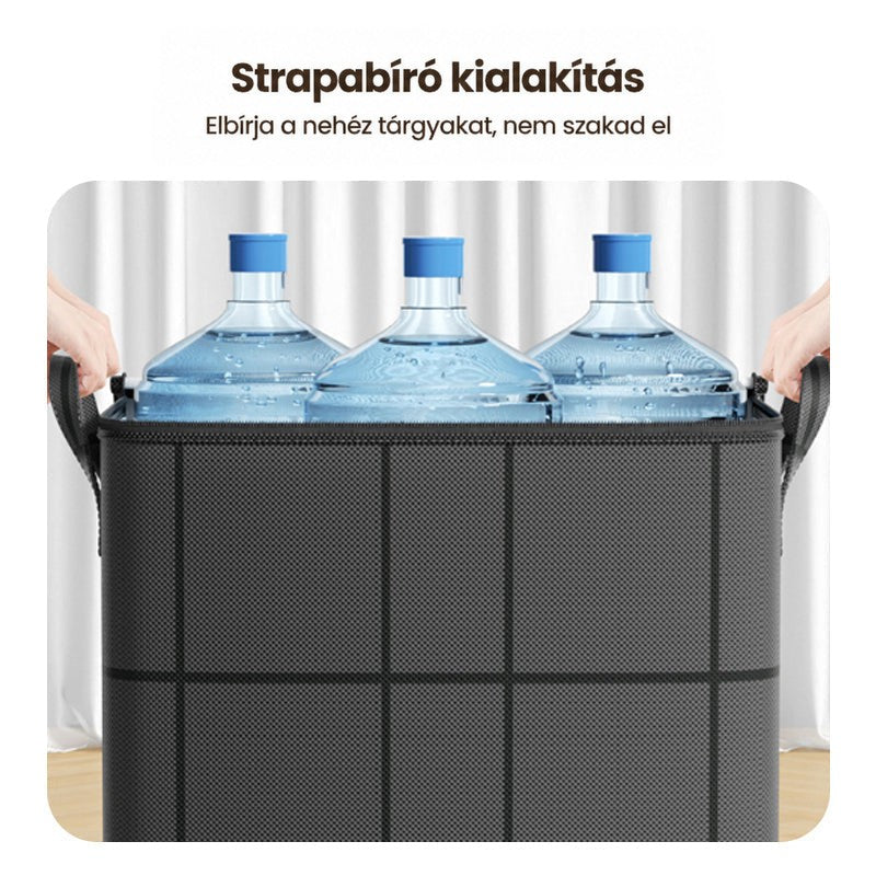 Három nagy vizeskanna áll a sötét tárolózsák tetején, két kéz fogja az oldalfogantyúkat, a teherbírást szemléltetve. 9
