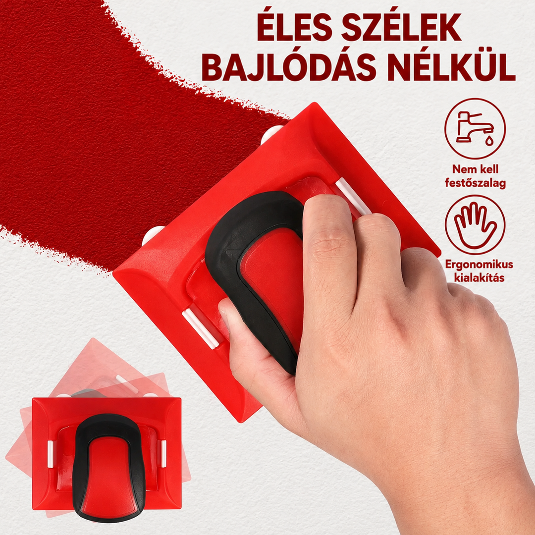 Kéz fogja a piros szegélyezőt, mögötte tiszta, egyenes szélű vörös festéksáv a falon 3