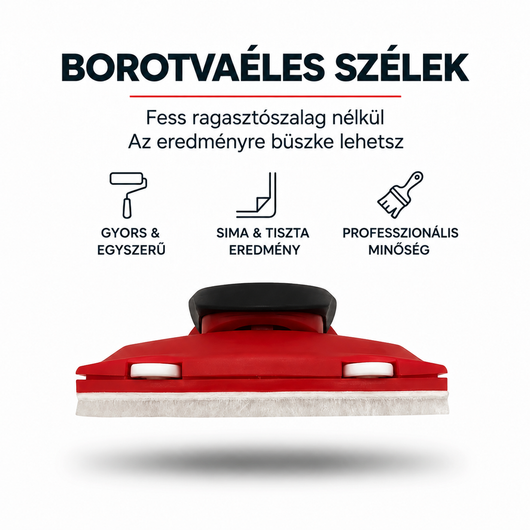 Piros-fekete festő szegélyező eszköz oldalnézetből, alján fehér filcszerű párnával és két kis kerékkel 1