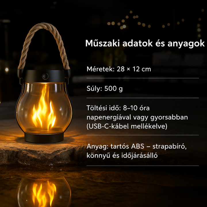 Éjszaka világító lámpás közeli képe, mellette műszaki adatok szövege, tükröződés a vízen 2