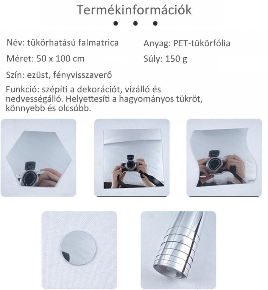 Termékinformációs kép: hatszögletű, négyzetes és hullámos tükörlapok fényképezőgép tükörképével, mellettük kerek tükörkorong és a feltekert fólia. 8